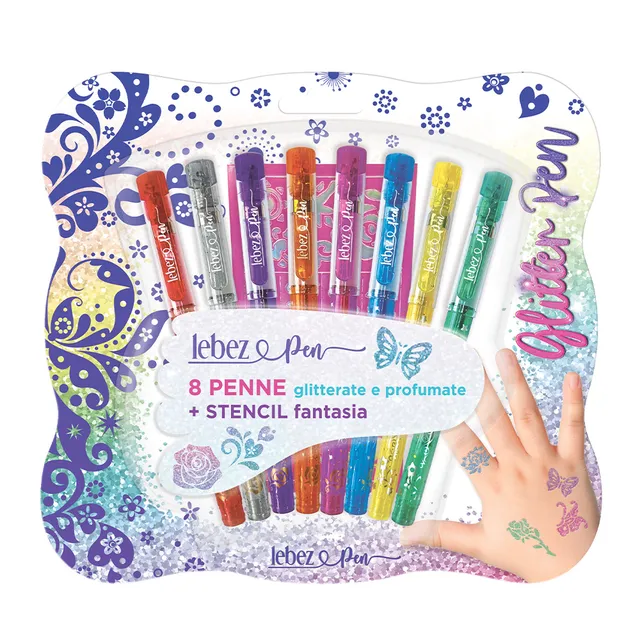 lebez-penna-glitter-con-stencil-penna-gel-profumata-blister-8-pezzi image 1