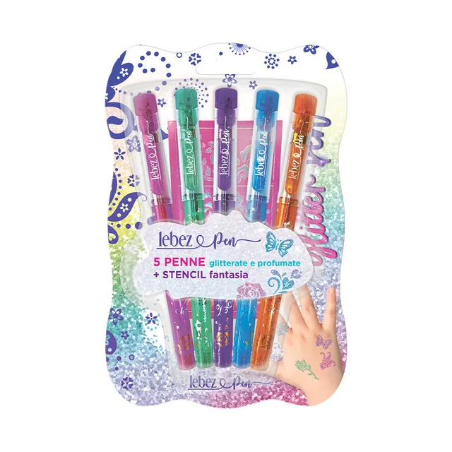 lebez-penne-gel-glitter-profumate-con-stencil-blister-5-pezzi image 1