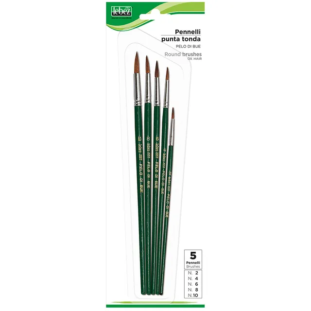 lebez-pennello-in-pelo-di-bue-punta-tonda-set-5-pezzi-con-manico-legno image 1