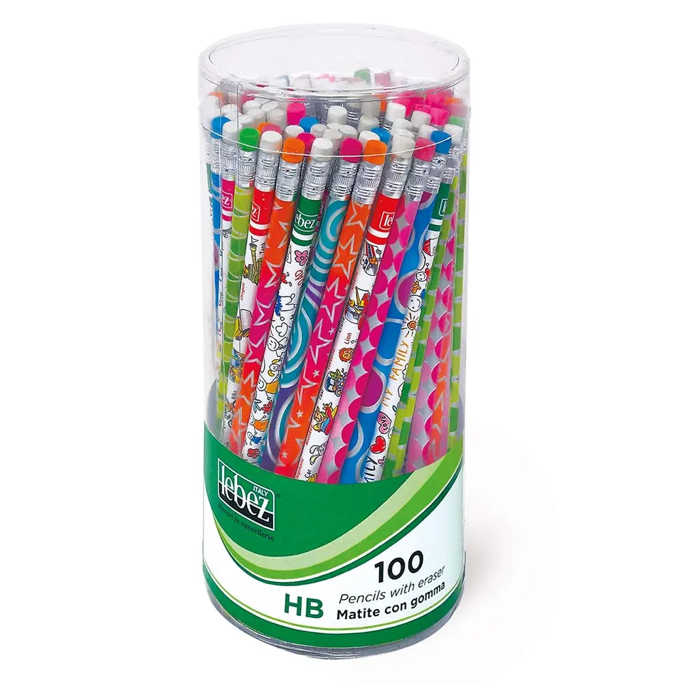 lebez-matita-hb-con-gomma-barattolo-100-pezzi-assortiti image 1